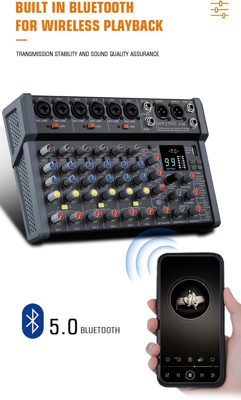 Weymic A-Series Professional Mixer for Recording DJ Stage Karaoke Music Application w/USB Drive for Computer Recording Input, XLR Microphone Jack, 48V Power, RCA Output for Professional (10-Channel) - Image 5